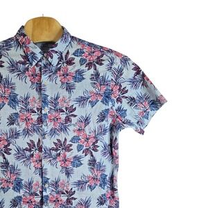 IZOD Saltwater Mens XL Short Sleeve Tropical Floral Button Down Shirt Blue Pink